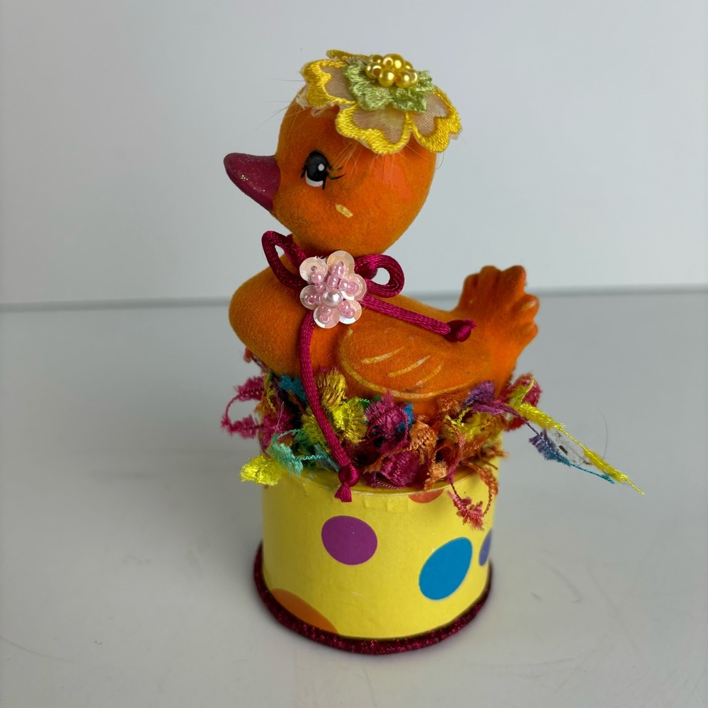 Katherine’s Collection-Whimsical Orange Flocked Duck on box-vintage